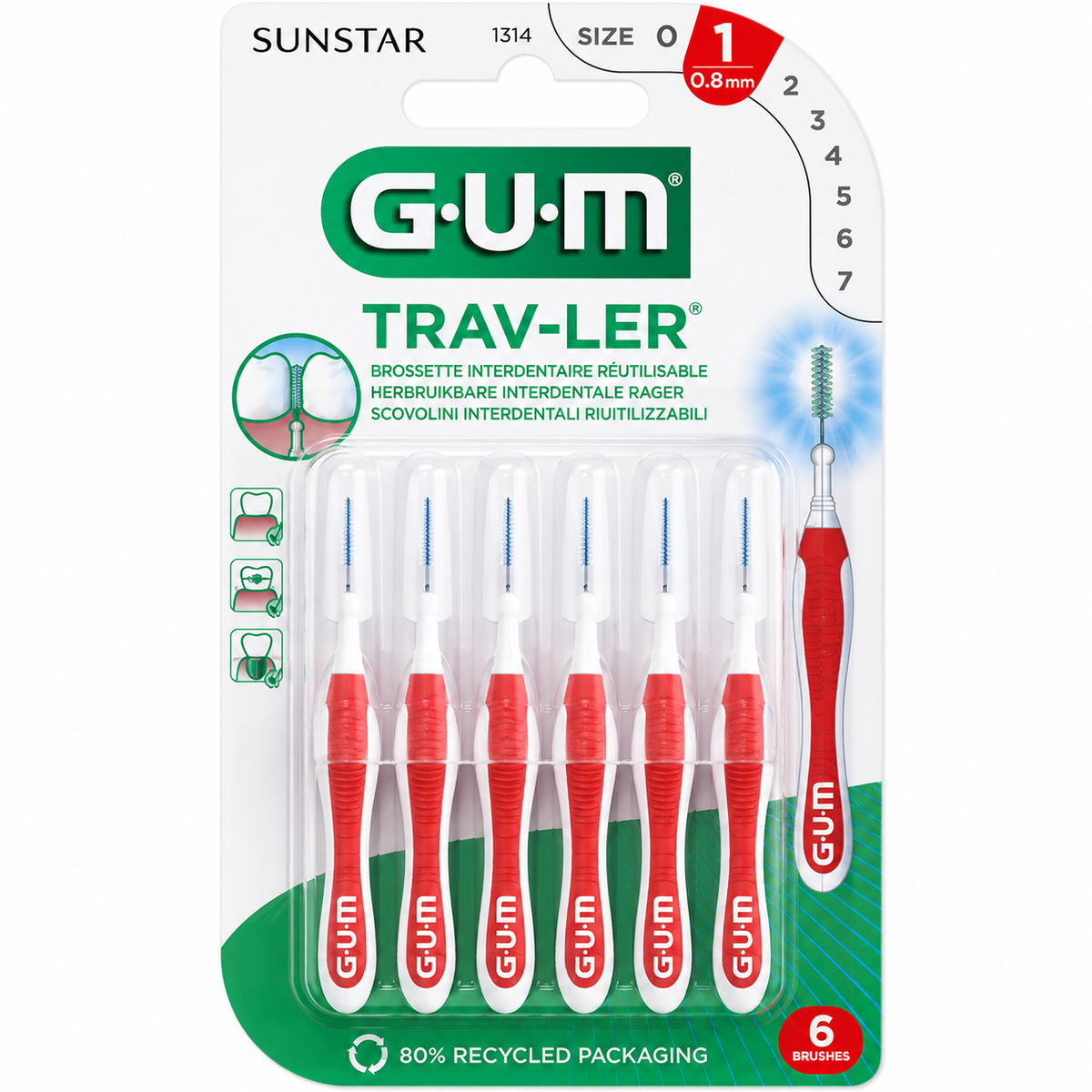 GUM BROSSETTE INETDENTAIRE REUTILISABLE 0.8MM REF 1314 6 UNITES