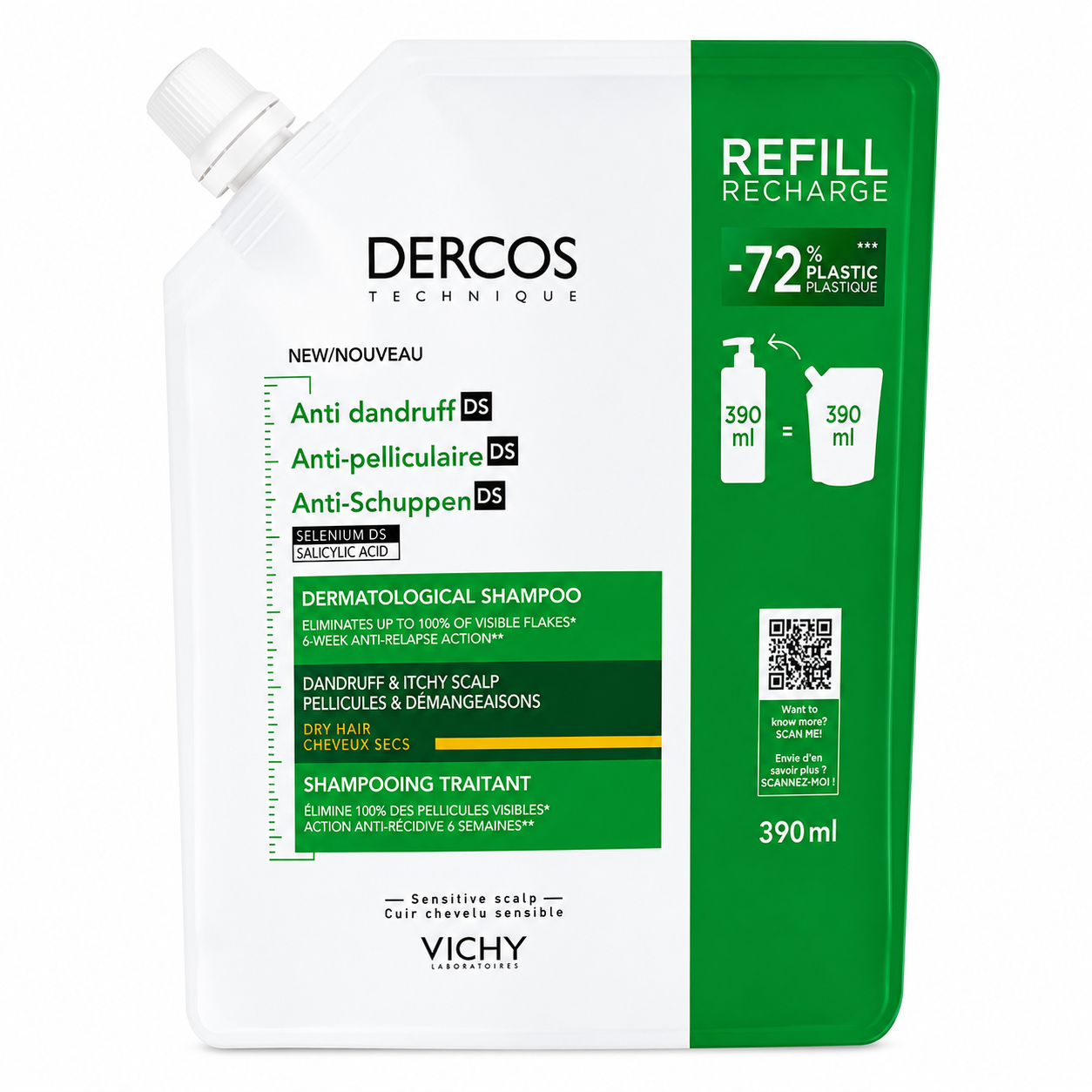 VICHY DERCOS SHAMPOOING ECO RECHARGE ANTI-PELLICULAIRE CHEVEUX SEC 390ML