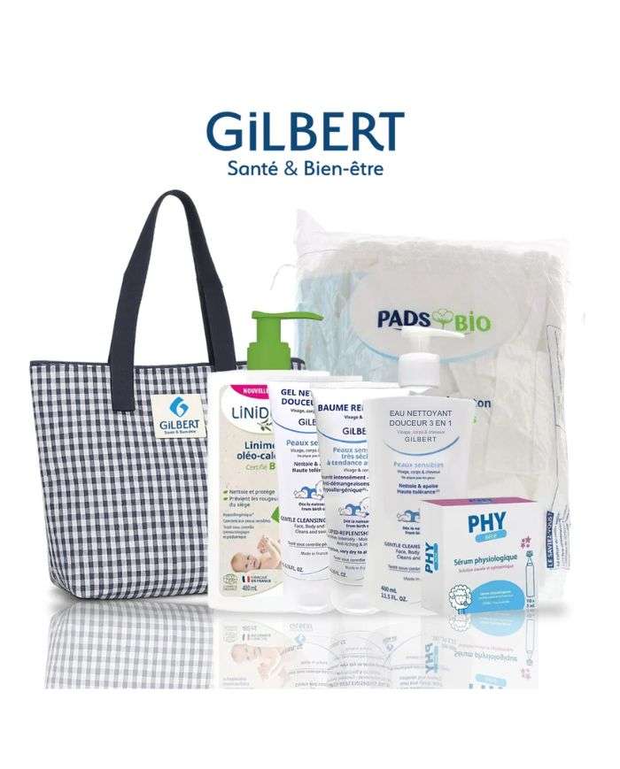 Coffret Gilbert Essentiels Nouveau-Né avec soins bébé et sac cadeau