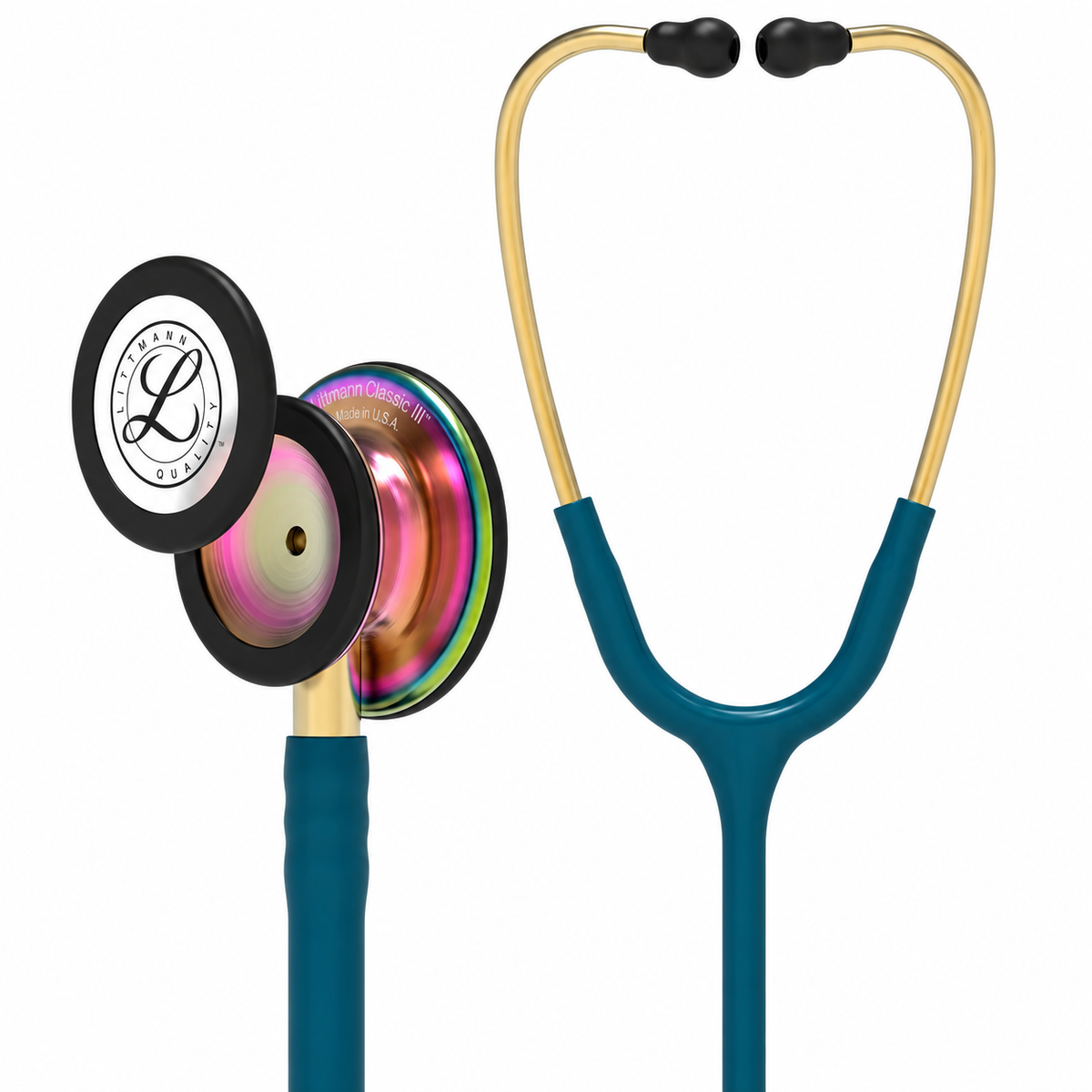 Stéthoscope Littmann Classic III – Bleu Caraïbes – Rainbow – vue du pavillon et de la tubulure