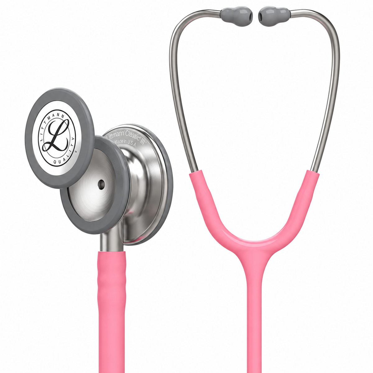Stéthoscope Littmann Classic III – Rose nacré – vue du pavillon et de la tubulure
