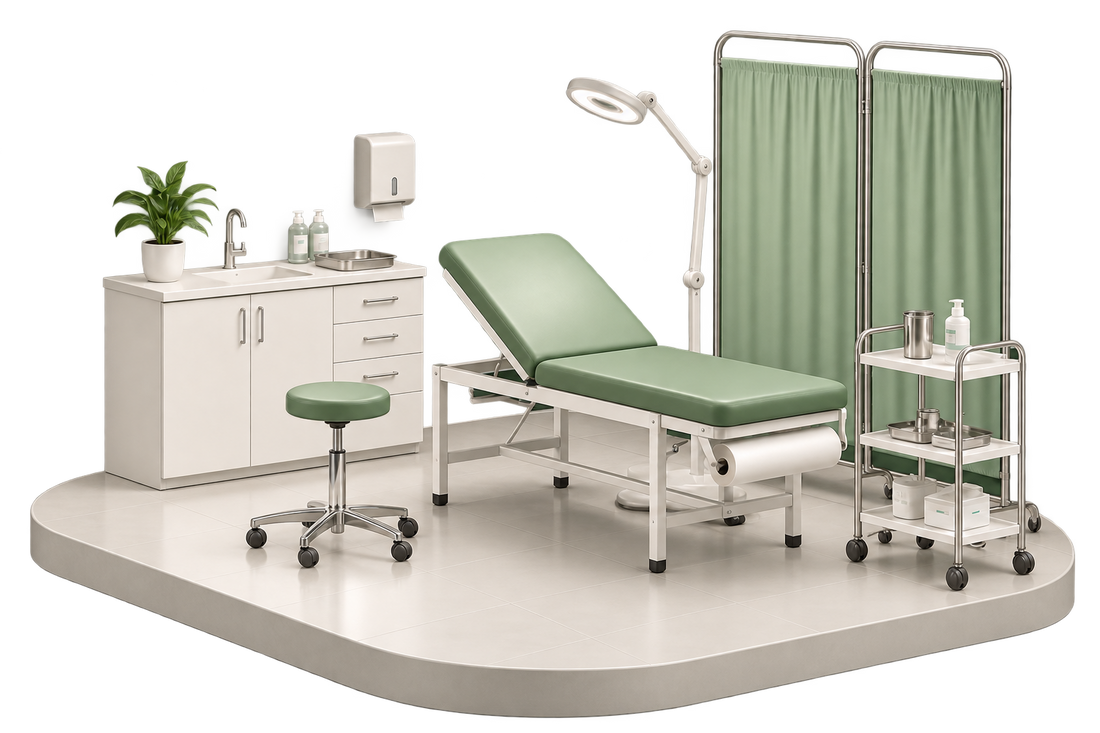 Illustration 3D d’un cabinet médical avec mobilier et équipements