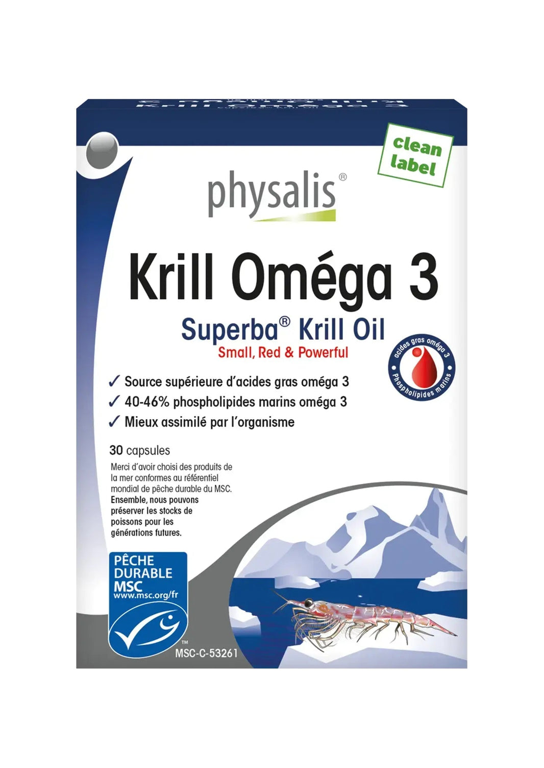 Boîte Physalis Krill Oméga 3 Superba, 30 capsules