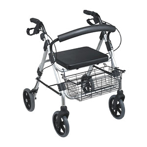 Rollator quatre roues avec siège dossier panier et freins