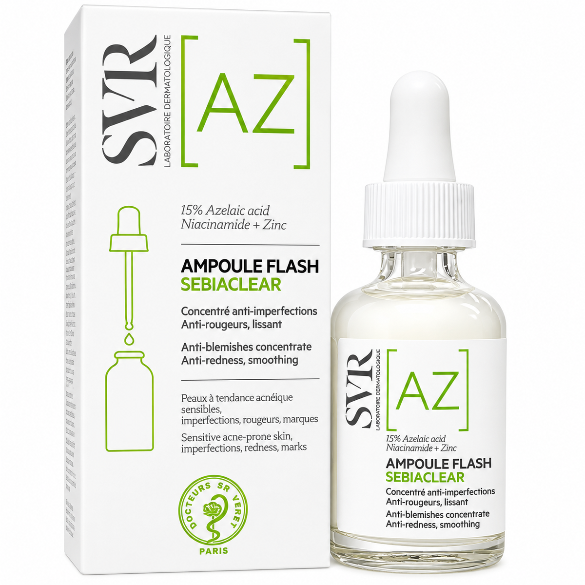 SVR Sebiaclear Ampoule Flash 30 ml — flacon pipette et boîte